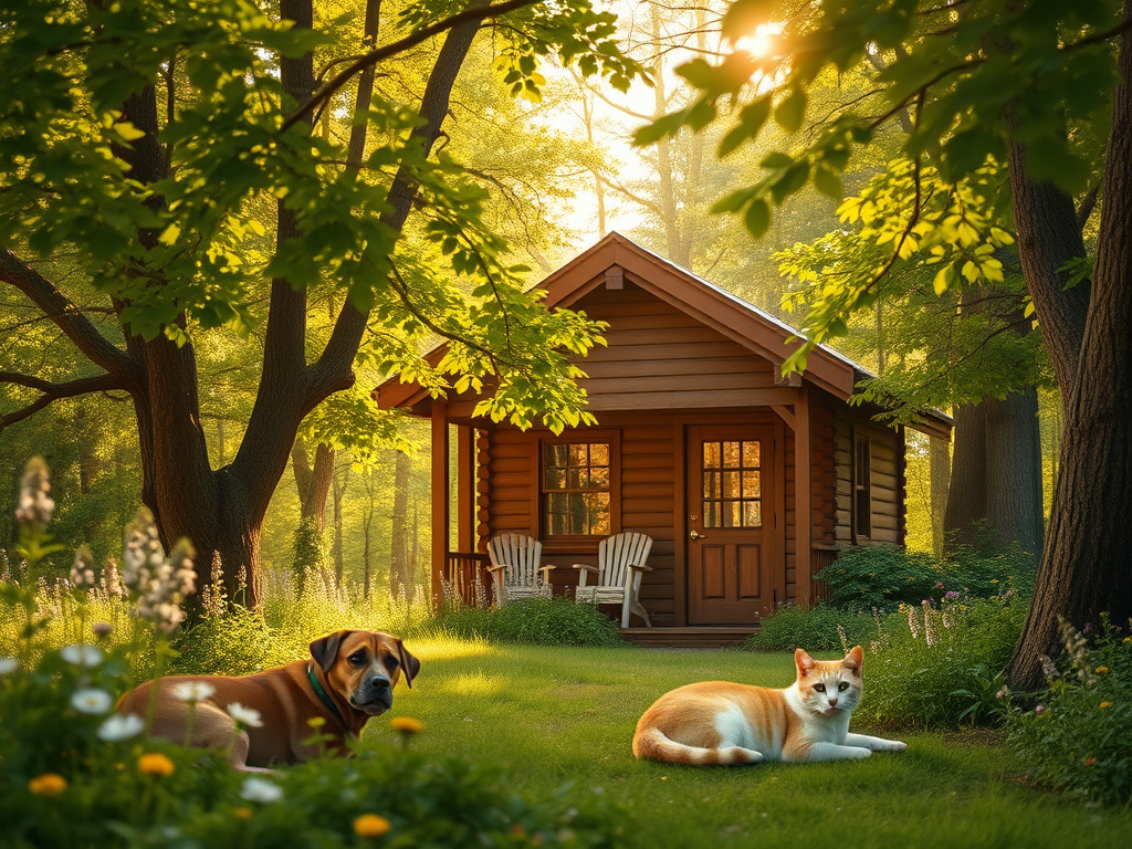 A dream escape in nature — a cozy future planning with a cat by the window, a dog playing outside, and sunlight filtering through green trees.
