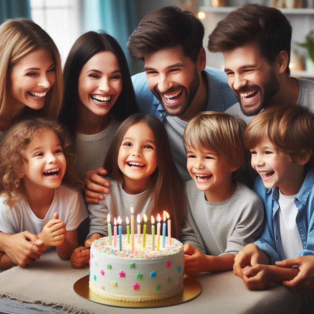 Family tradition at a restaurant celebrating a birthday with food and cake.