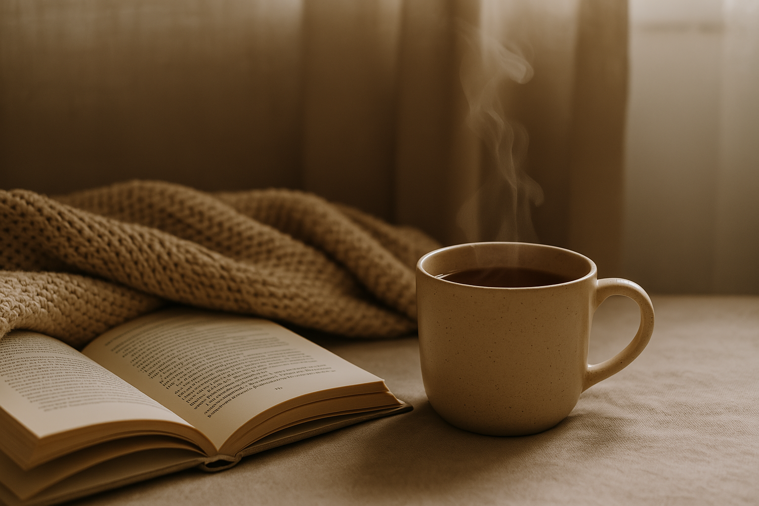 A cozy weekend with a book, coffee and a blanket.