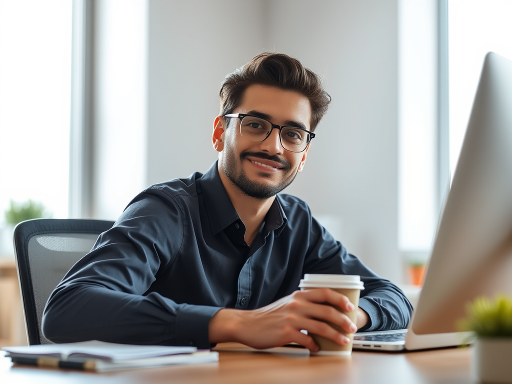 Man happy to complete his work with boost of morning productivity.