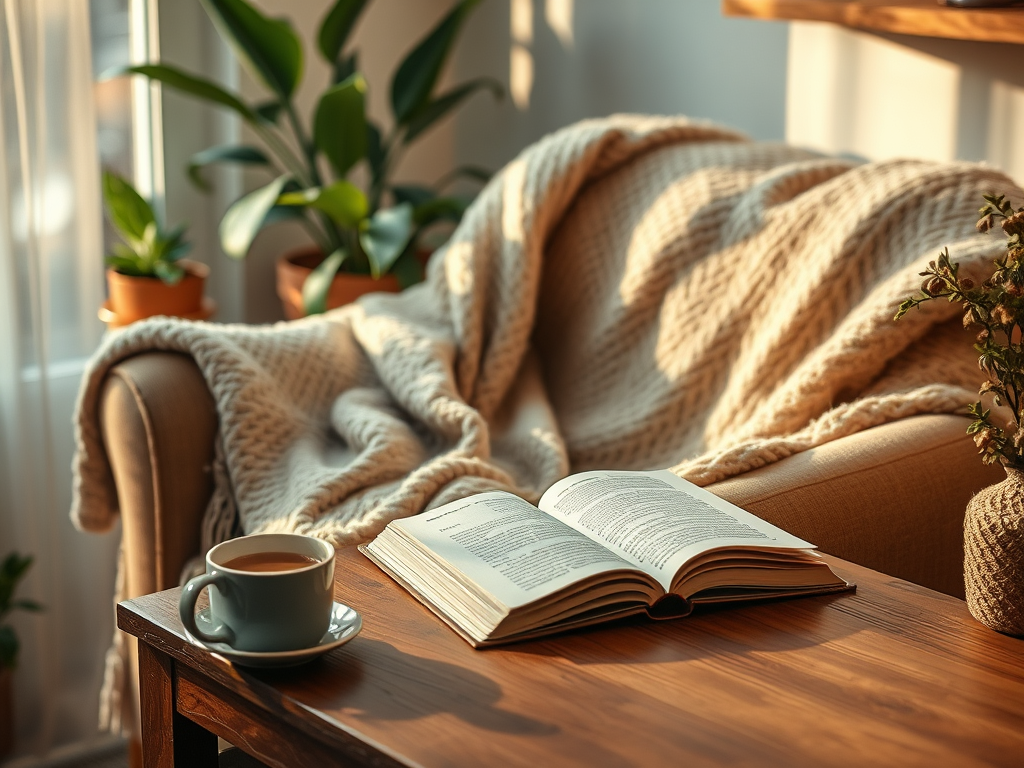 A cozy, imperfect moment of slow living with a chai cup, book, and natural light — capturing the beauty and mess of mindful stillness.