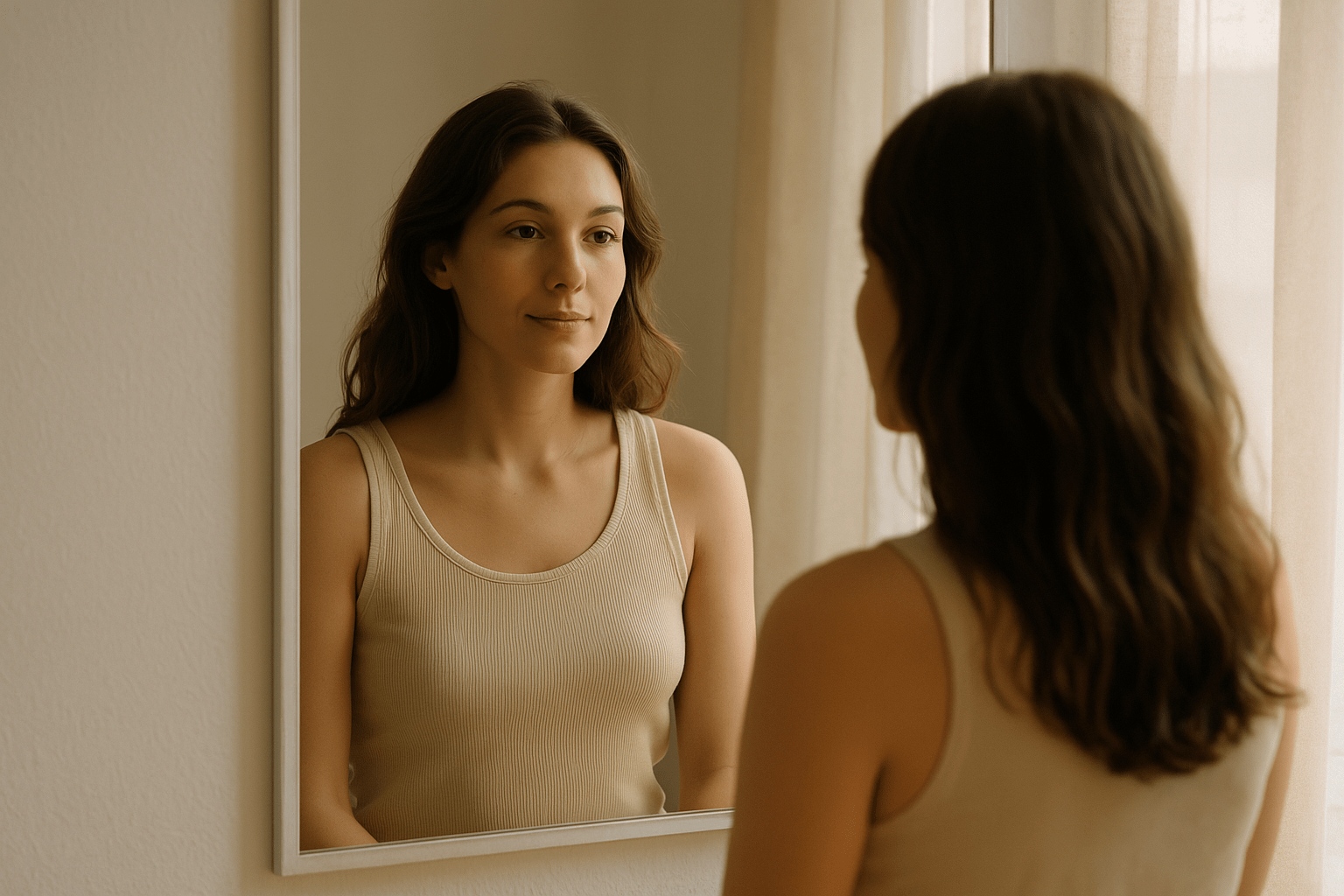 A woman accepting her imperfection and loving her quiet worth as self love