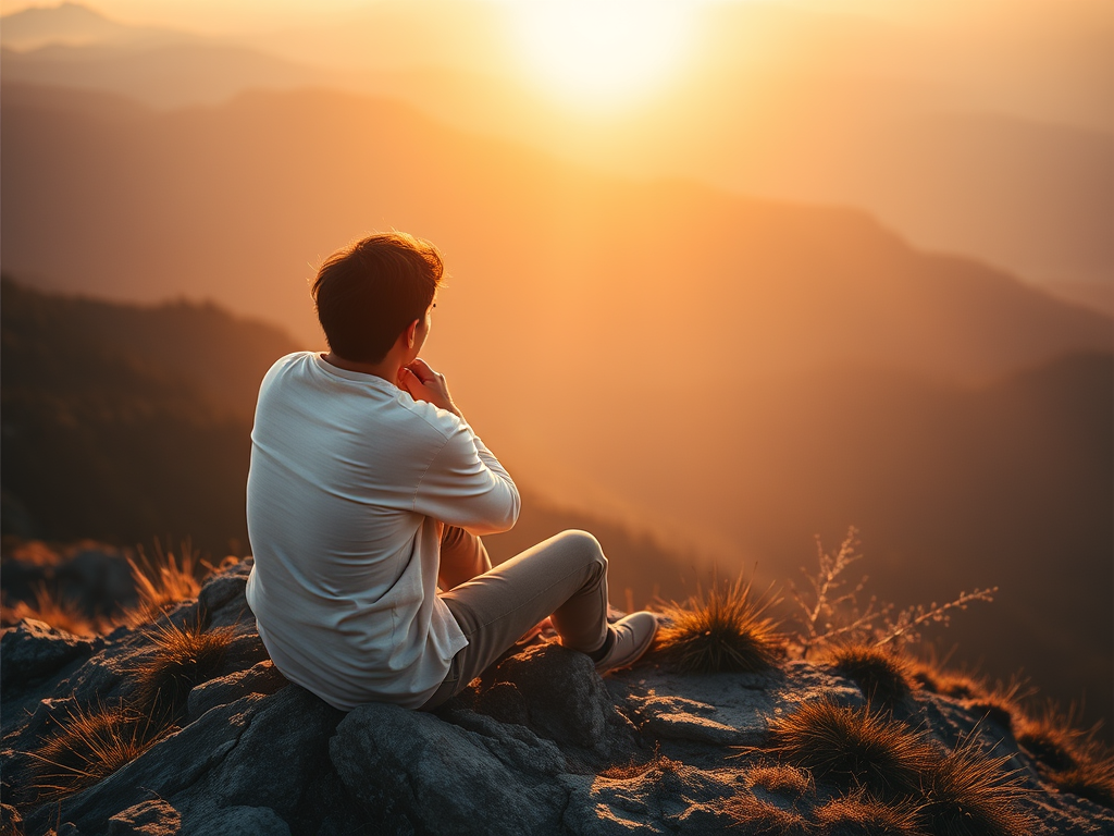 A man sitting in nature, the silent escape from daily life and future worries, is in a mindful presence.