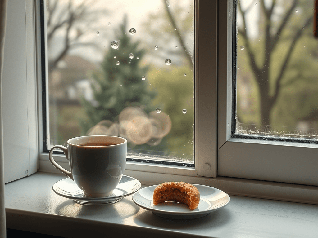 Cup of tea and cookies by the window during a rainy morning—capturing a moment of morning breakfast rituals.