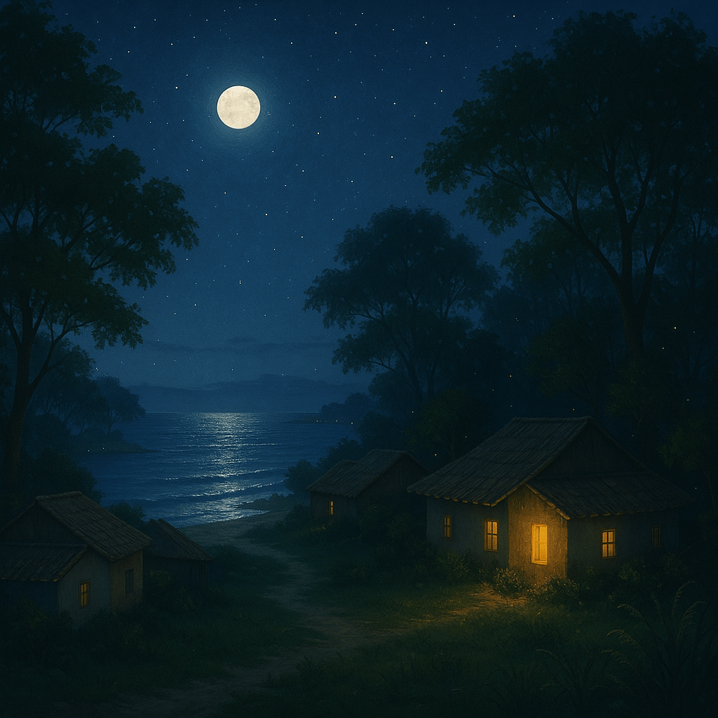 A tranquil night in a seaside village during a vacation— doing daily story practice.