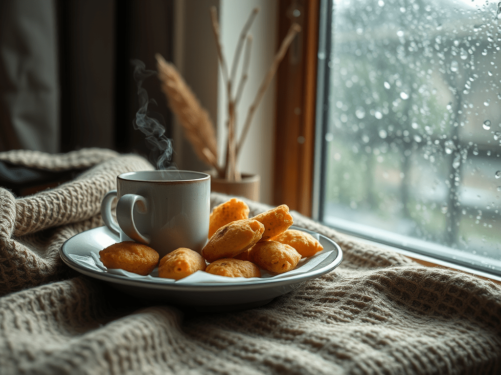 Cozy indoor rainy day activities with tea, pakoras, and a book near a rain-covered window is monsoon magic.