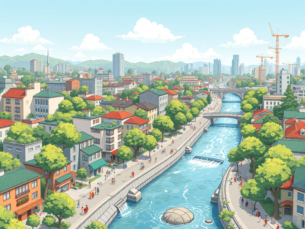 Illustration of the city of my dreams with trees, rivers, eco-friendly roads, and wildlife living in harmony with people.