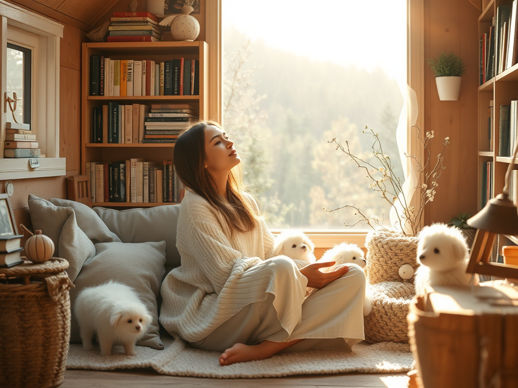 Quiet thoughts in a cozy home with fur babies and soft sunlight creating a peaceful moment.