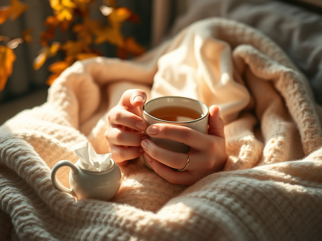 Health update blog – recovering with tea on a rainy day, focusing on rest and healing.