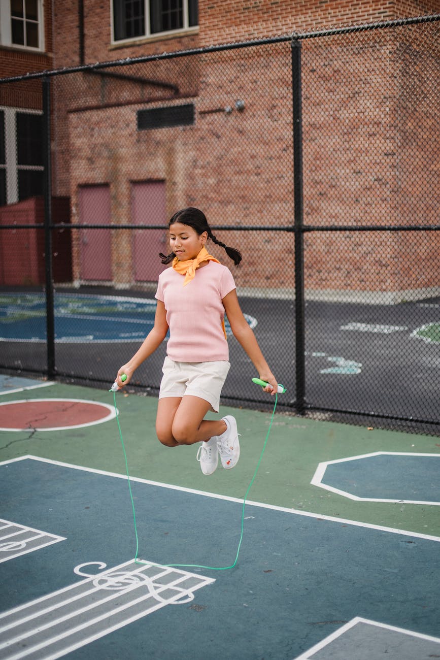 a girl doing jump rope as her favorite physical activities.