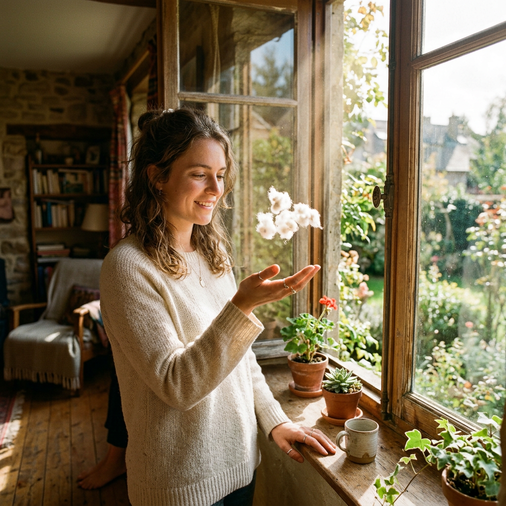A peaceful scene representing letting go, with a person watching cotton float in sunlight, symbolizing emotional release and inner peace.