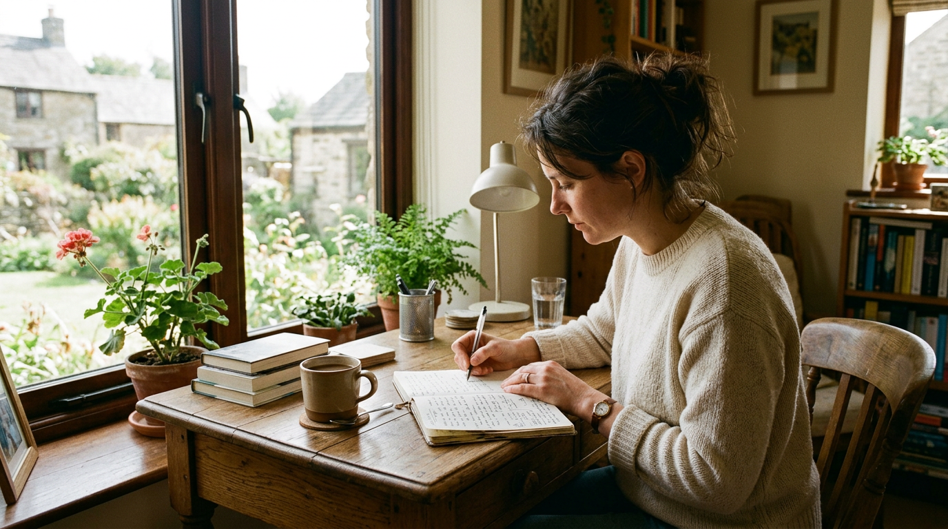 Writer sitting at a desk reflecting on Writing Burnout while looking at an open notebook and unfinished page.