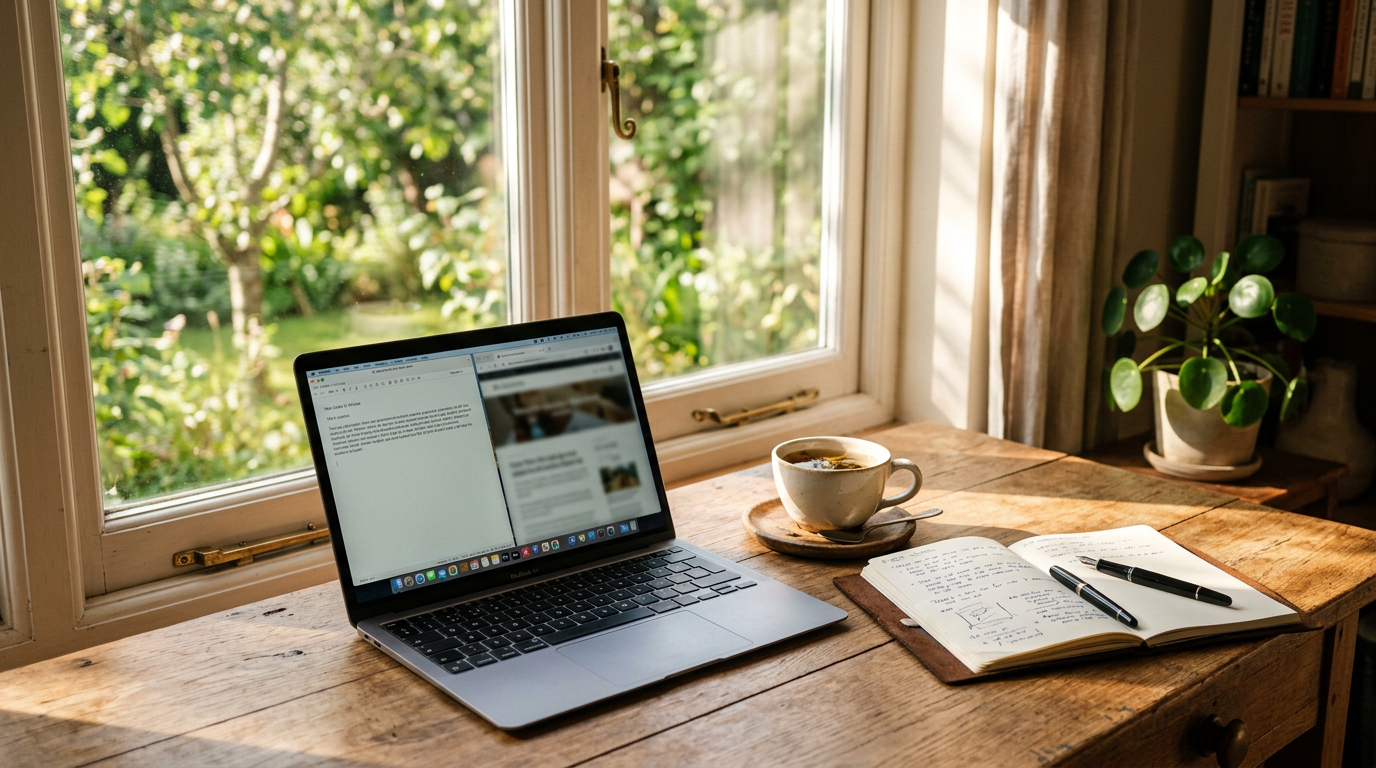 Taking breaks from blogging while resting with a laptop, tea, and notebook in a calm workspace