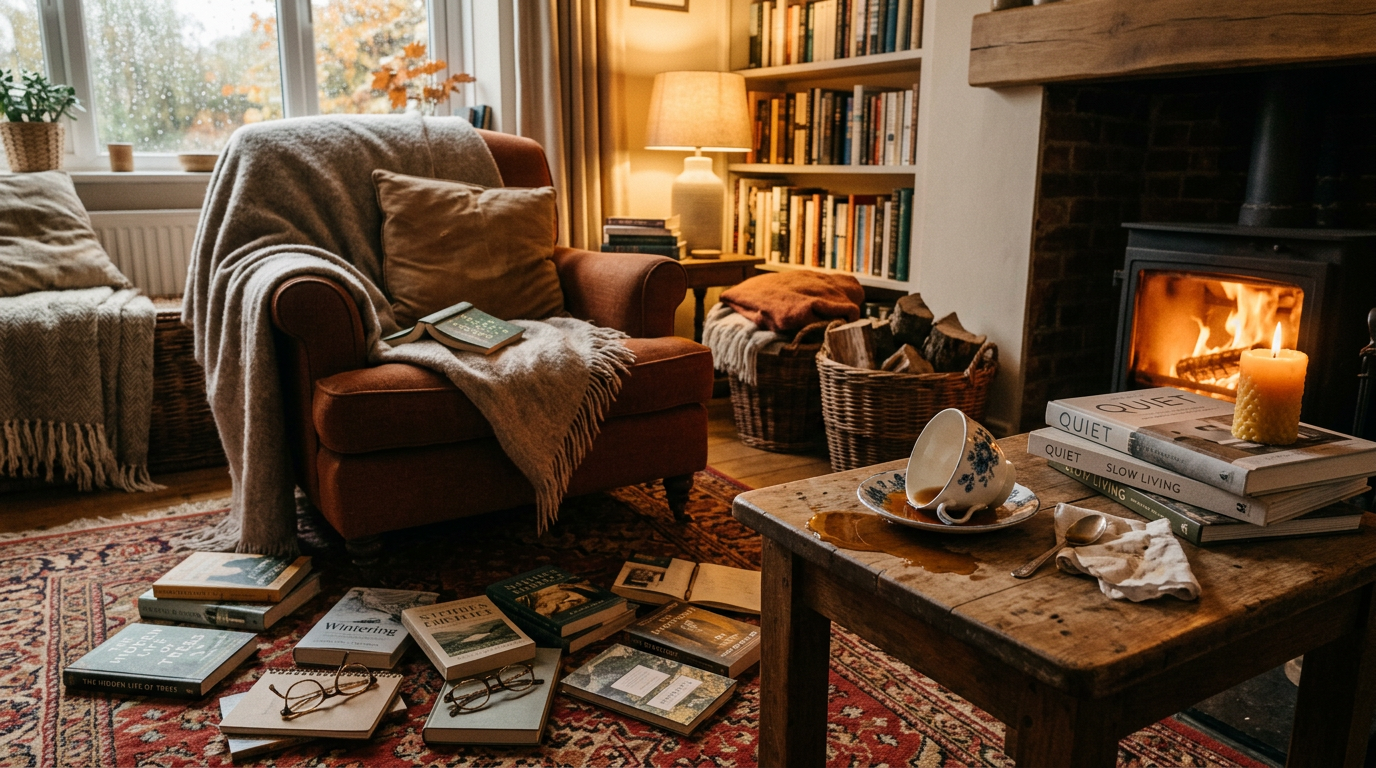 A cozy living room filled with laughter and Sweet Chaos, where scattered books and a spilled teacup symbolize joy in life’s surprises.