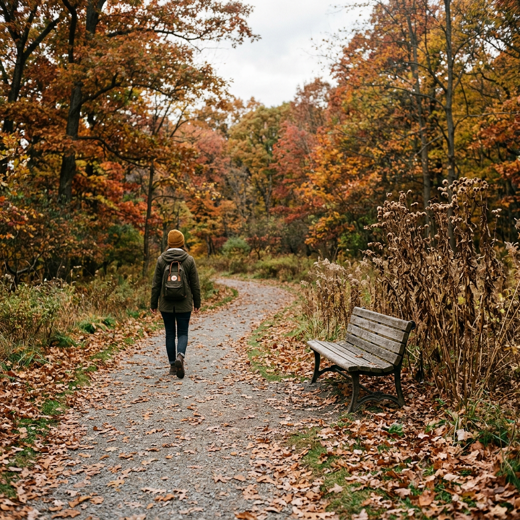 Lost Relationships represented by an autumn path, an empty bench, and a wilted plant, symbolizing cherished memories and letting go.