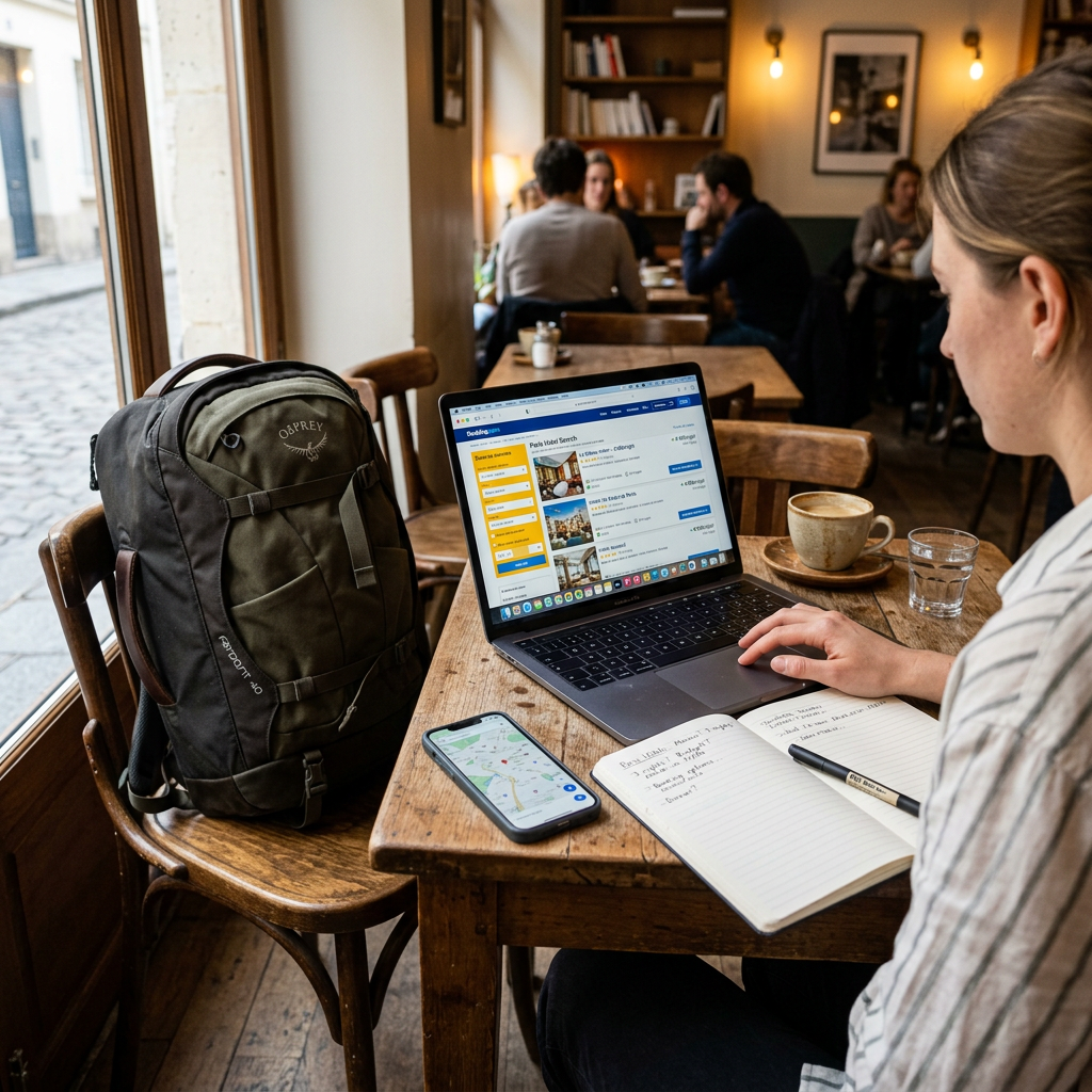 Travel planning using a laptop beside a backpack, phone, notebook, and coffee in a café